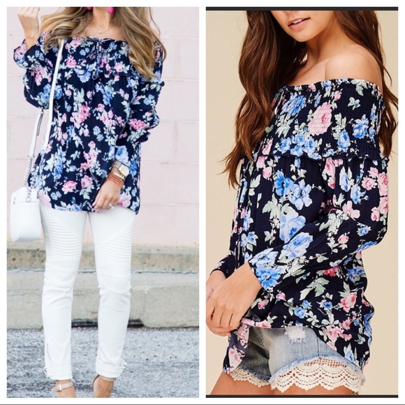 BNWT Navy Floral Off Shoulder Top - Picture 1 of 7